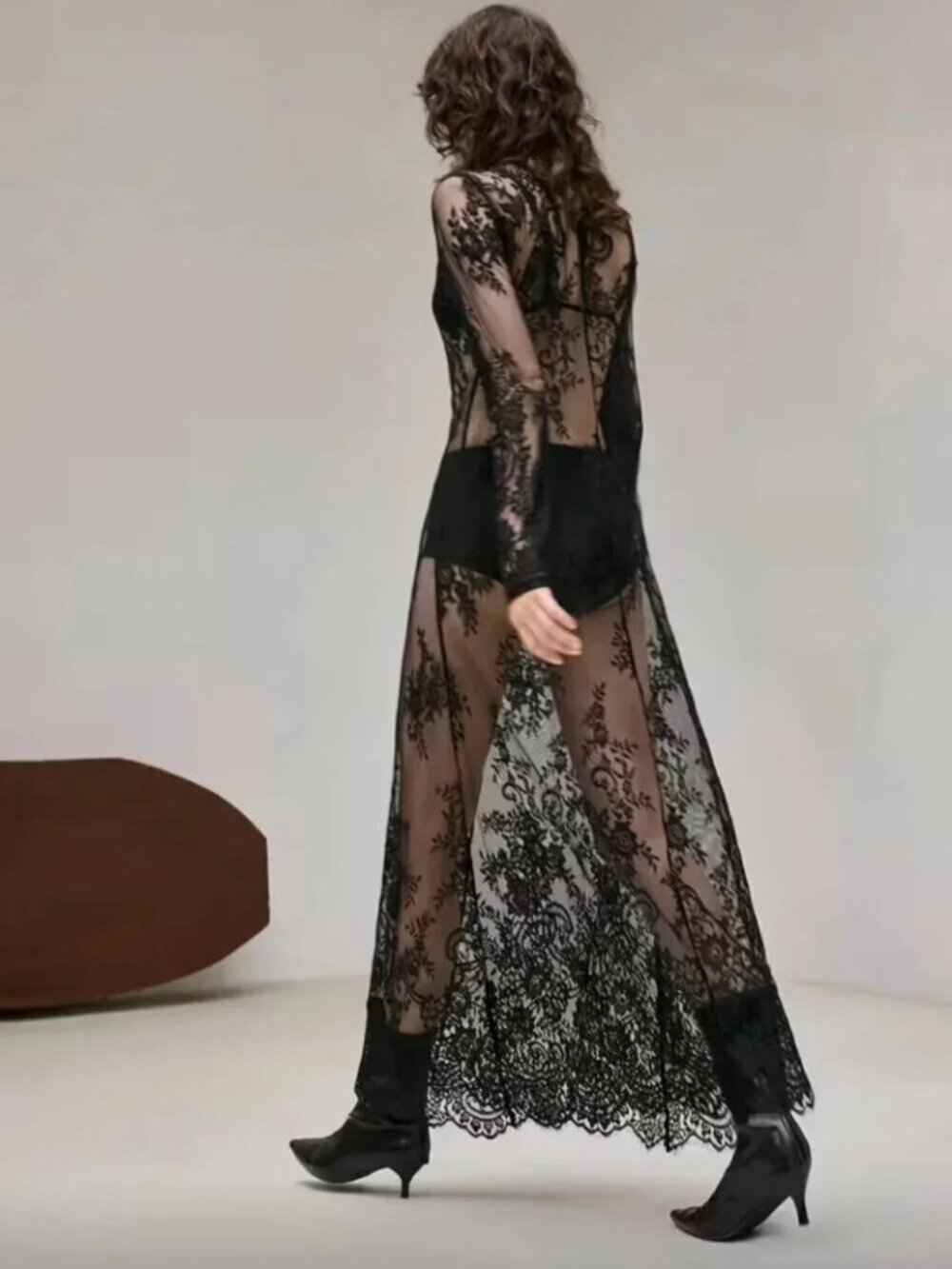 Semi-Sheer Black Lace Maxi Dress - Picture 3 of 5